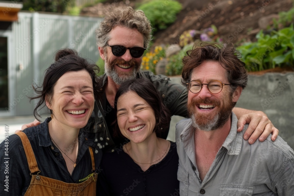 Portrait of a group of friends standing in the garden smiling at the camera Portrait of a group of friends standing in the garden smiling at the camera