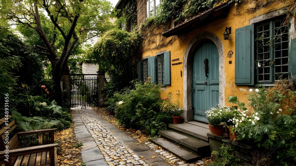 Fototapeta premium Step into Charm at This Enchanting House Featuring a Wooden Gate Framed by Cobbled Pathways