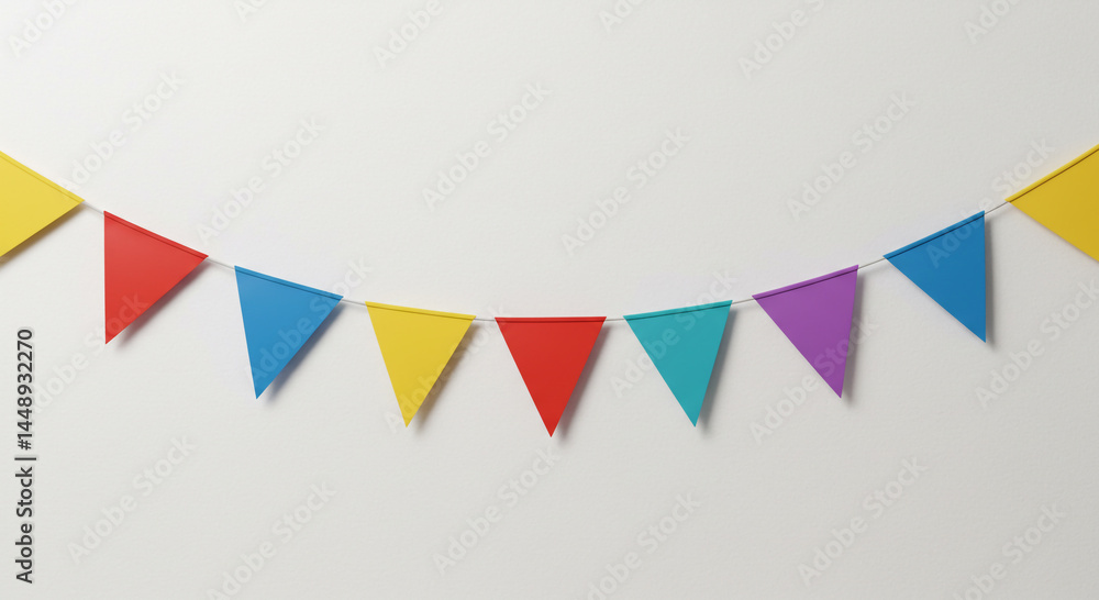 Fototapeta premium Colorful triangular pennants strung across a plain white wall, creating a festive and cheerful atmosphere, perfect for a celebration or event.