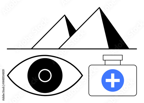 Stylized eye alongside Egyptian pyramids and medical box with cross symbol. Ideal for vision health, medical aid, cultural heritage, exploration, ancient history, global care, simple landing page