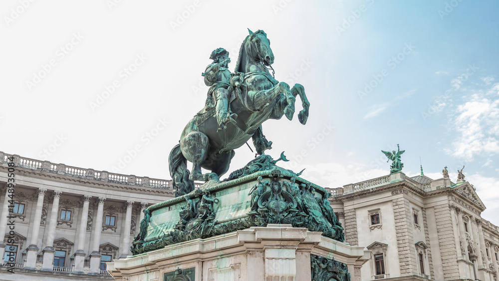 Equestrian statue of Prince Eugene of Savoy timelapse hyperlapse in front of Hofburg palace, Heldenplatz, Vienna, Austria. Equestrian statue of Prince Eugene of Savoy timelapse hyperlapse in front of Hofburg palace, Heldenplatz, Vienna, Austria.