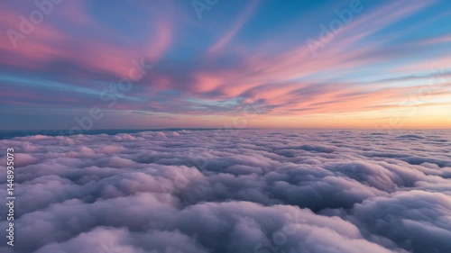 Dramatic clouds floating above soft pink sunset skies  