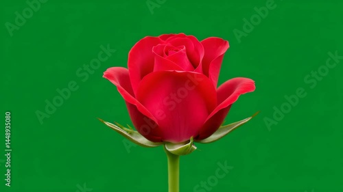 Beautiful Red Rose on Green Chromakey Background  