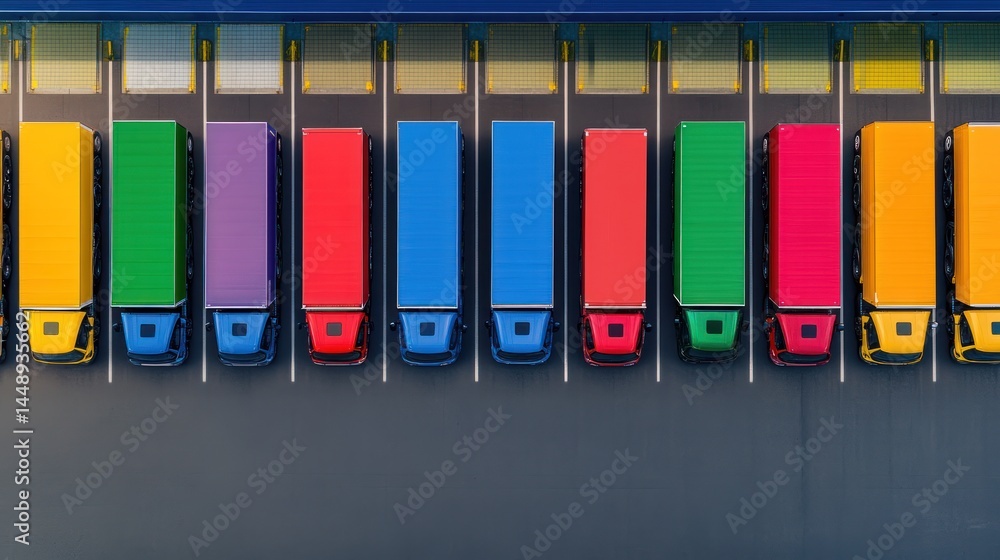 Fototapeta premium Colorful Trucks Parked in a Row: Aerial View of a Logistics Hub