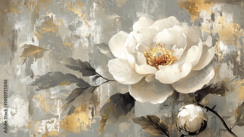 Elegant white peony flower painting on a textured gray background.