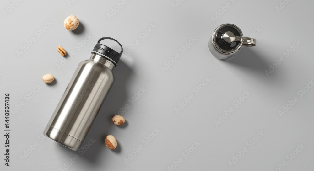 Naklejka premium Stainless Steel Bottle with Nuts on Gray Background