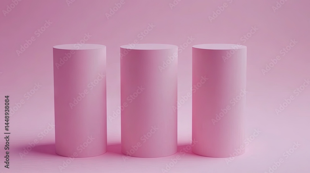 Three cylindrical displays against a pastel pink backdrop. Three cylindrical displays against a pastel pink backdrop.