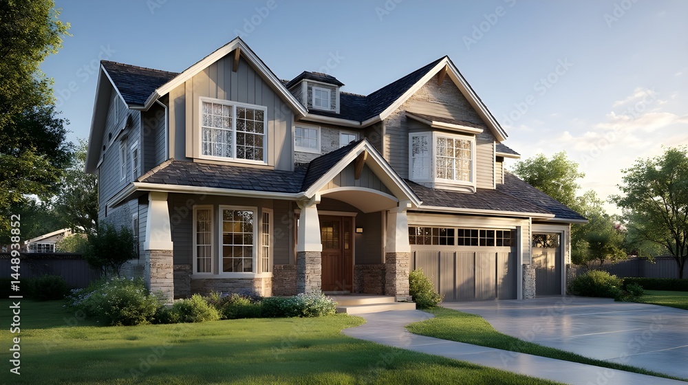 3D Suburban Home with Pristine Lawn on Clear Blue Sky Backdrop for Virtual Architectural Visualization and Marketing 3D Suburban Home with Pristine Lawn on Clear Blue Sky Backdrop for Virtual Architectural Visualization and Marketing