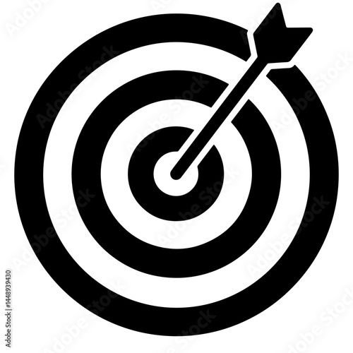 A black and white vector illustration of a target with an arrow in the center.