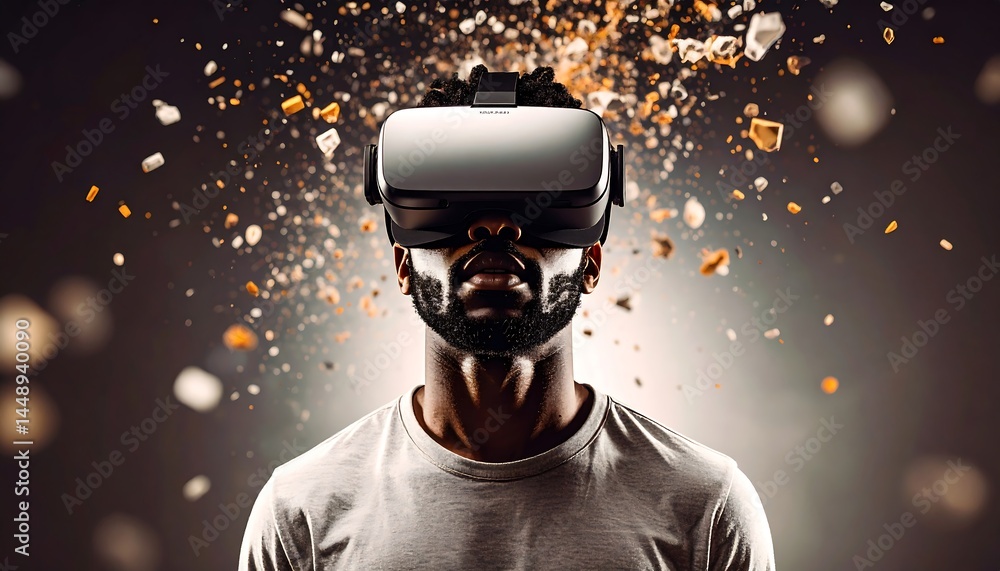 Man With Snow-Covered Beard Wearing Virtual Reality Headset in Winter Scene. AI Generative