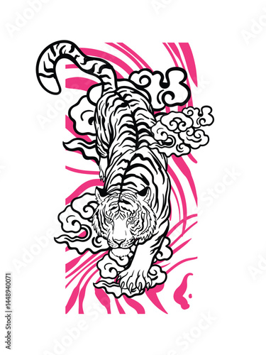 tiger illustration with japanese style background

