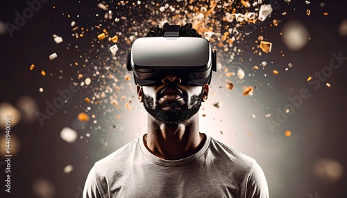 Obraz na płótnie Man With Snow-Covered Beard Wearing Virtual Reality Headset in Winter Scene. AI Generative w salonie