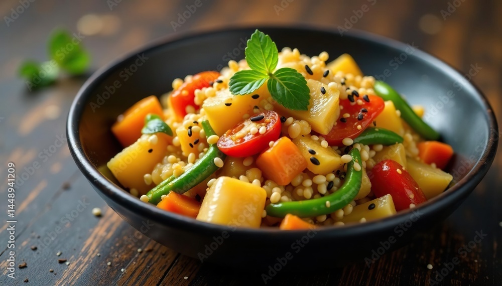 Stir-fried vegetables, sesame seeds, elegant presentation , vegetarian, authentic Stir-fried vegetables, sesame seeds, elegant presentation , vegetarian, authentic