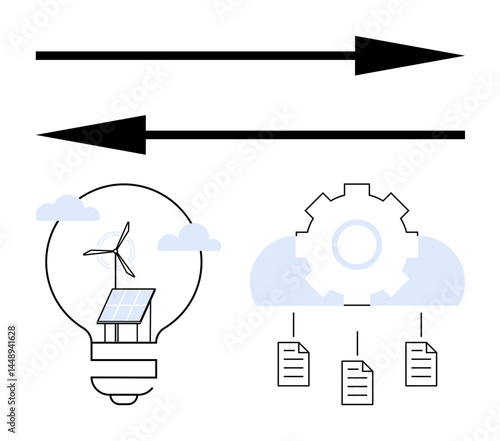 Light bulb with solar panel and wind turbine, arrows reflecting direction, gear over cloud with files. Ideal for sustainability, energy solutions, data, process, innovation, eco-friendly ventures
