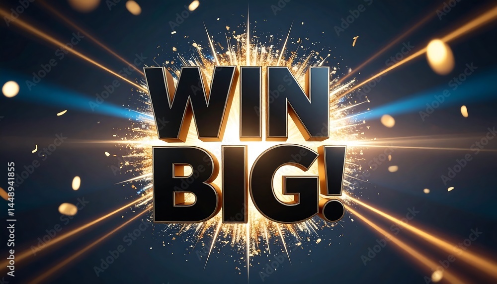 Exciting Bright Big Win Text Display Celebrating Success with Radiant Lights and Sparkles. AI Generative