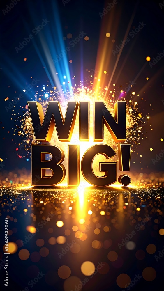 Exciting Bright Big Win Text Display Celebrating Success with Radiant Lights and Sparkles. AI Generative