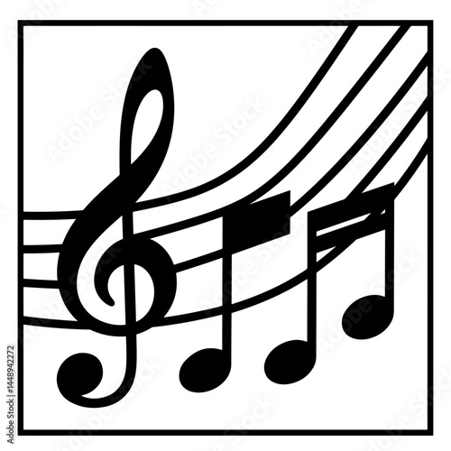 A bold, black vector illustration of a treble clef and musical notes on a staff, set against a white background within a square frame. The style is clean, modern, and graphic.