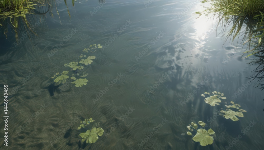 Subtle aquatic plant footprints etched in a calm pool's surface, reflecting the sky , organic, calm Subtle aquatic plant footprints etched in a calm pool's surface, reflecting the sky , organic, calm