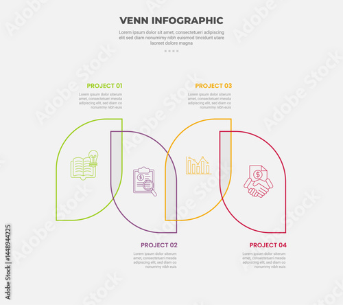 venn diagram infographic outline style with 4 point template with leaf shape up and down in horizontal line direction for slide presentation
