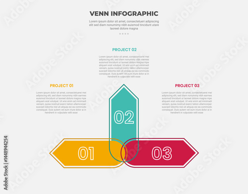 venn diagram infographic outline style with 3 point template with big arrow shape half circular with one axis for slide presentation