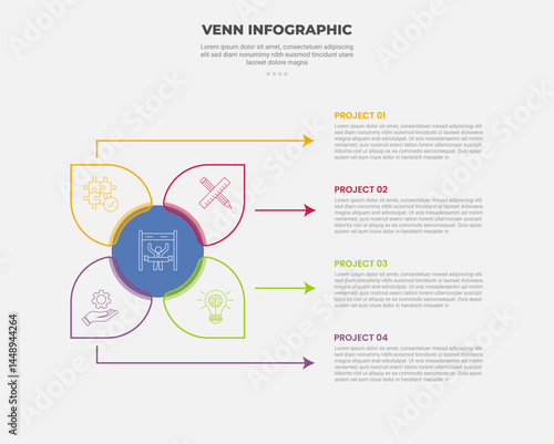 venn diagram infographic outline style with 4 point template with big circle center and flower matrix shape with line pointer for slide presentation