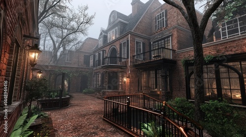 Wallpaper Mural Misty Morning at the Brick Mansion Courtyard: A Serene Escape Torontodigital.ca