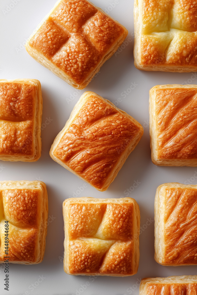 Golden puff pastry squares are arranged in a minimalist design. The clean, bright setting emphasizes the flaky texture and baked perfection. Concept of bakeries, catering, gourmet food Golden puff pastry squares are arranged in a minimalist design. The clean, bright setting emphasizes the flaky texture and baked perfection. Concept of bakeries, catering, gourmet food