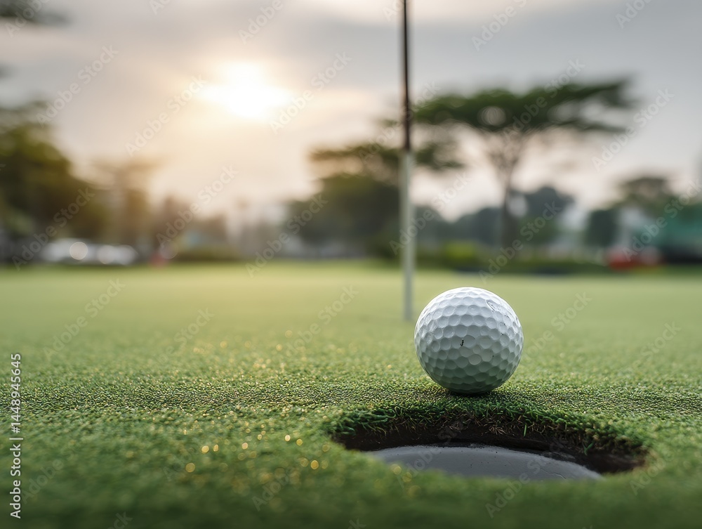 Obraz premium A well-worn golf ball resting on a manicured putting green - light smooth golf