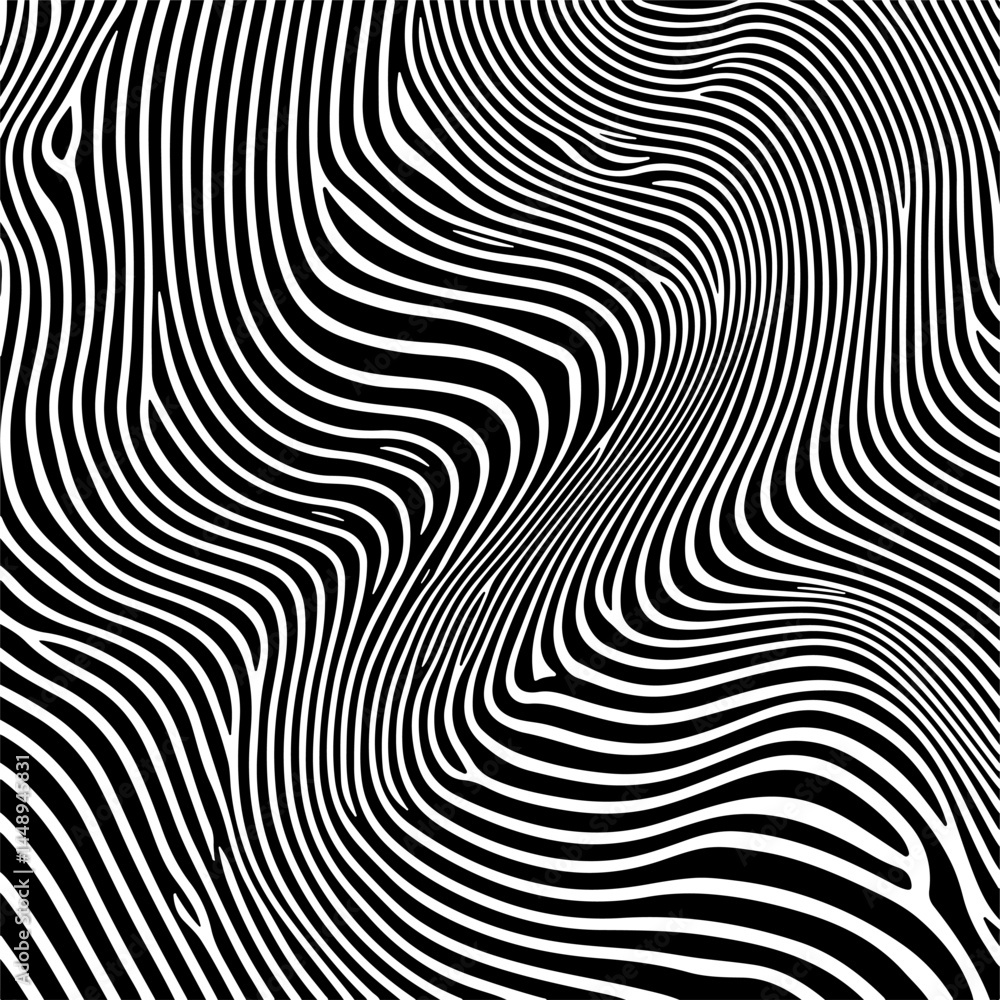 Abstract vector illustration with black and white wavy lines creating an optical illusion effect. The hypnotic pattern is dynamic and visually engaging, evoking a sense of movement and depth. Abstract vector illustration with black and white wavy lines creating an optical illusion effect. The hypnotic pattern is dynamic and visually engaging, evoking a sense of movement and depth.