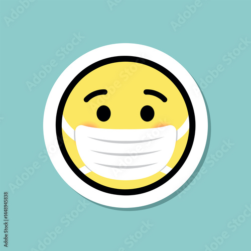 face with medical mask emoticon, doctor emoji sticker, yellow face with face mask on, black outline, vector design element