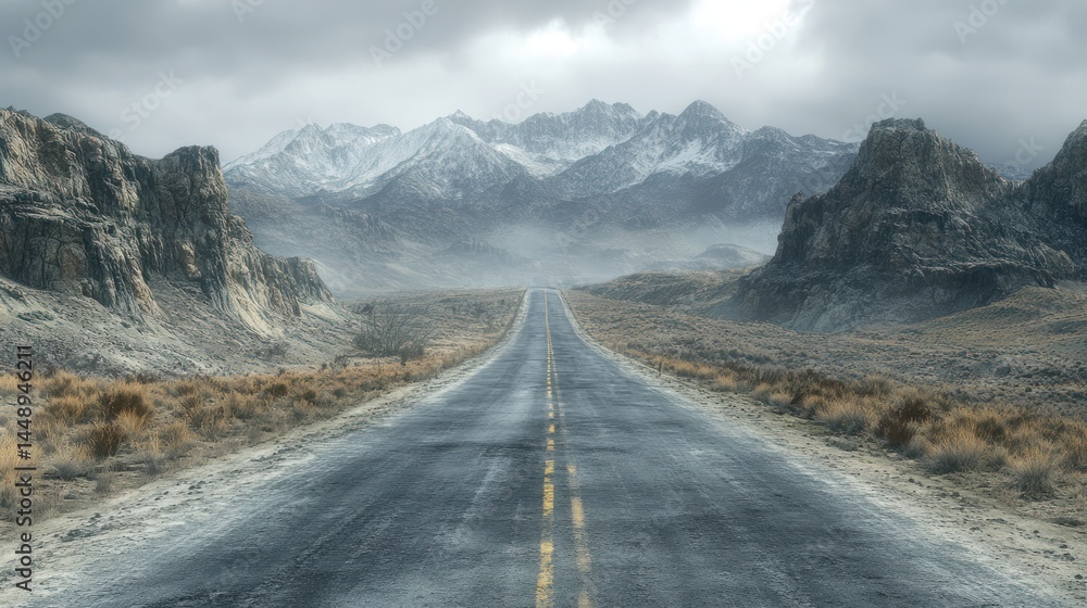 Naklejka premium Endless Road Towards Snowy Mountains: A Journey into the Wilderness