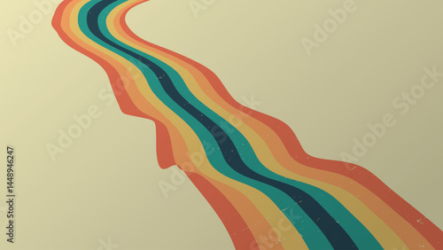 70s retro perspective groovy swirl lines rainbow background. Vintage grunge colourful stripes banner, backdrop and wallpaper vector.	
