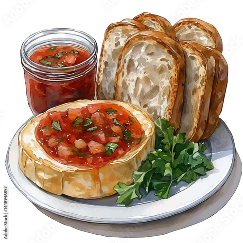 illustration of Baked Brie With Fig Jam, watercolor vector, isolated on a white background.