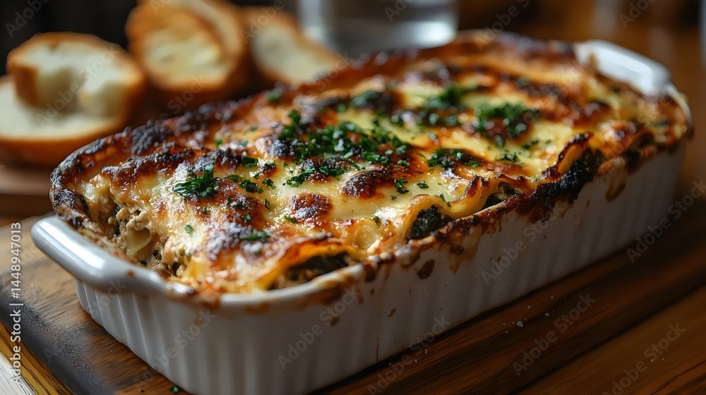 A delectable baked lasagna, topped with melted cheese and herbs, ready to be served on a tray. A delectable baked lasagna, topped with melted cheese and herbs, ready to be served on a tray.