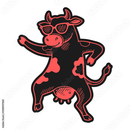 funny dancing black cow sticker illustration