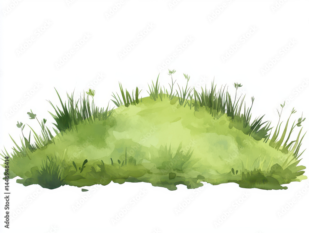 Naklejka premium Lush green grassy hill with various shades of green and delicate blades of grass creates serene and natural landscape. watercolor style adds soft, artistic touch