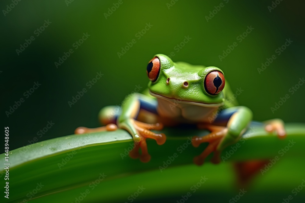 Naklejka premium Tree frog leaf amphibian in tropical amazon jungle.