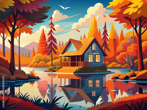 vector of A tranquil lakeside cabin nestled among a forest of vibrant fall foliage, with trees ablaze in reds, oranges, and golds reflected in the calm waters.