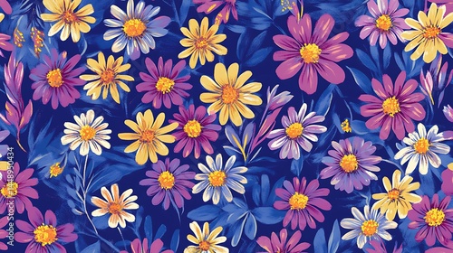Wallpaper Mural Cheerful spring daisy pattern with chamomile flowers on a blue canvas generative ai Torontodigital.ca