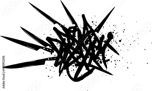 knifes Abstract ink drawing, chaotic lines and splatters, black and white, pen sketches, gestural marks, expressionist style, scribbles and doodles, minimalist composition, artistic chaos, vector