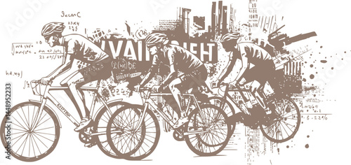 Black and white illustration, graphic design, bicycles, cyclists, abstract sketches, mathematical formulas, typography, graffiti style, urban art, collage, ink 