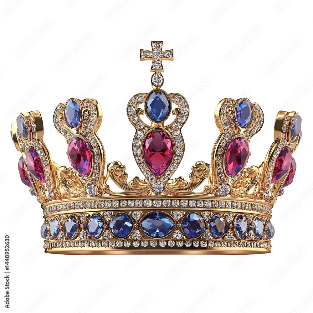 Fototapeta premium Ornate Gold Crown with Blue and Pink Gems Royal Regalia Jewel