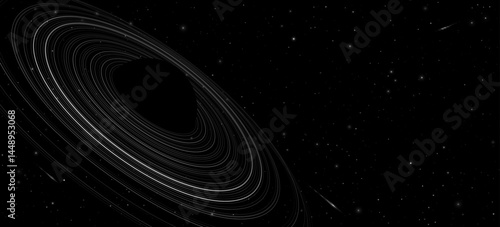 Black hole concept with ring around and starry sky. Minimalistic abstract backdrop. Concentric rings in space. Black outer space. Astronomy presentation cover. Vector illustration