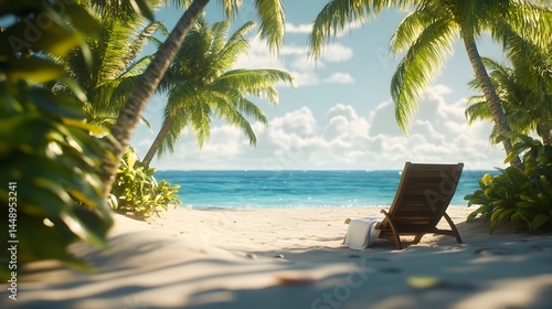 Fototapeta Naklejka Na Ścianę i Meble -  Serene beach scene with a wooden lounge chair under palm trees.  White towel rests on the chair, facing a tranquil turquoise ocean. Perfect for relaxation and escape.