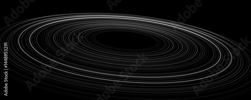 Minimalistic abstract backdrop. Concentric rings in space. Black hole concept with ring around and stars. Black outer space. Astronomy presentation cover. Vector illustration