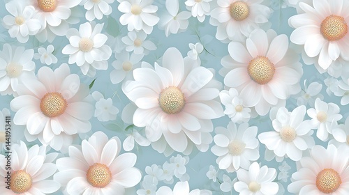 Soft pastel blue background with chamomile flowers arranged in daisy pattern generative ai