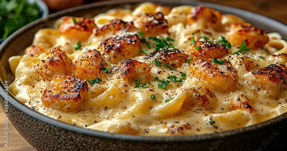 Creamy pasta dish with seared shrimp, garnished with herbs, served in a rustic bowl Creamy pasta dish with seared shrimp, garnished with herbs, served in a rustic bowl
