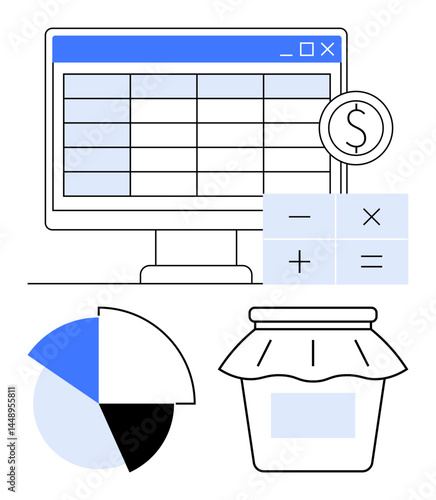 Computer spreadsheet, dollar symbol, calculator panel, pie chart slice, and savings jar highlight budgeting, finance management, data analysis, economic planning and financial growth. Ideal