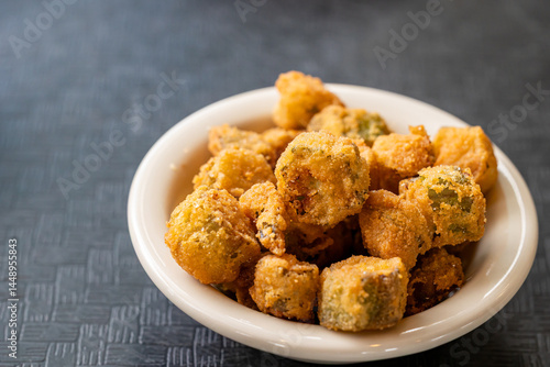 Close-up of fresh fried okra in bowl