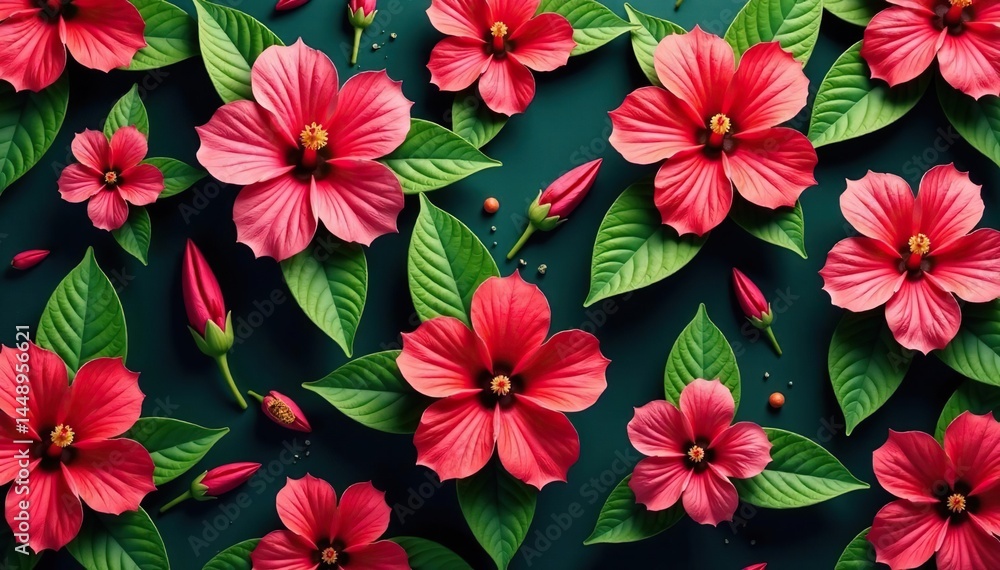 Vibrant hibiscus blooms, lush green leaves, repeating pattern , blossom, texture Vibrant hibiscus blooms, lush green leaves, repeating pattern , blossom, texture